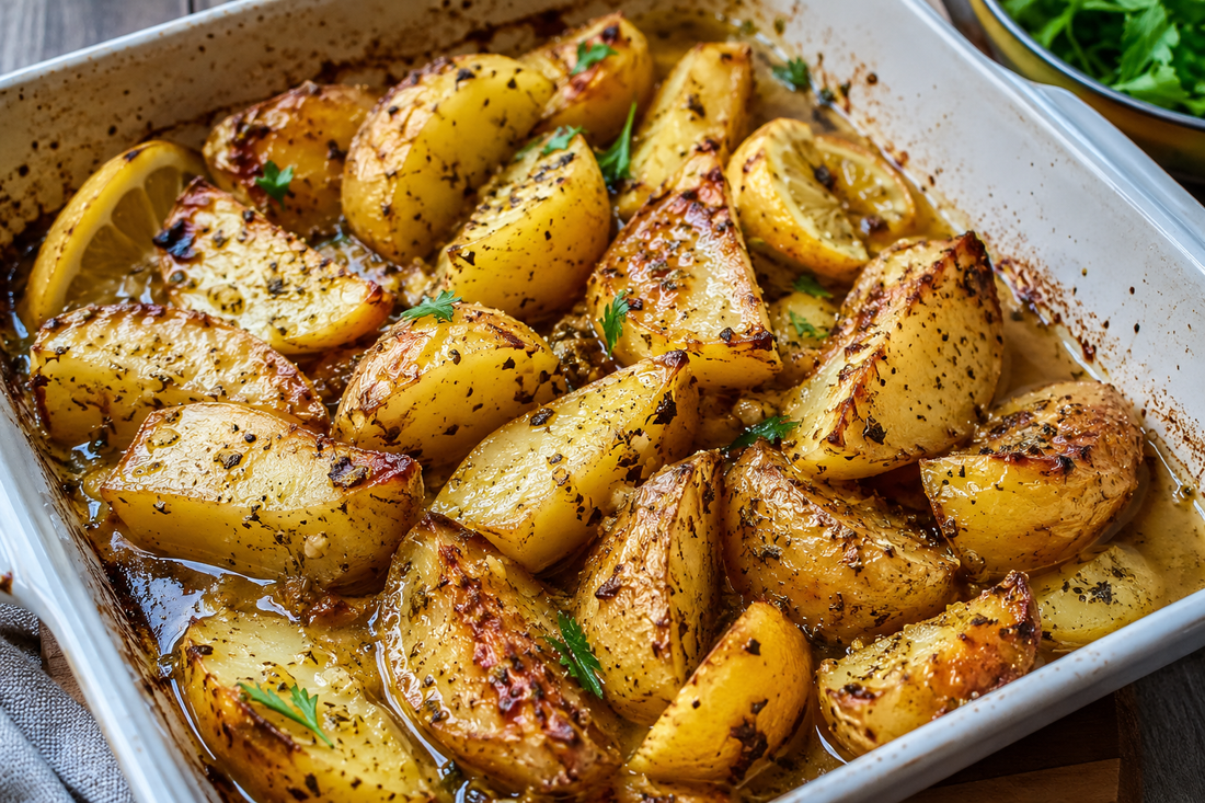 Potatoes and Lemon wedges in Roasting Dish with olive oil and herbs.