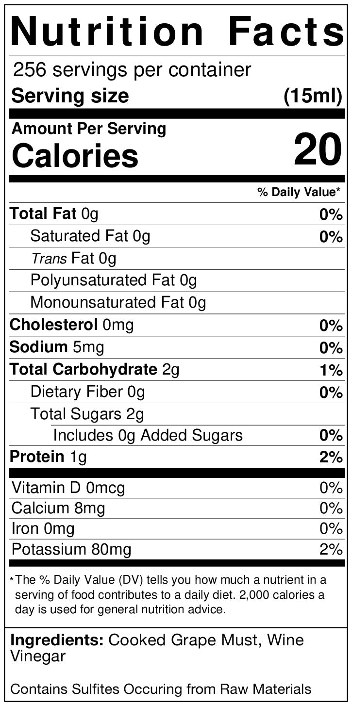 Nutrition facts label for a product with serving size of 15ml and 20 calories per serving.