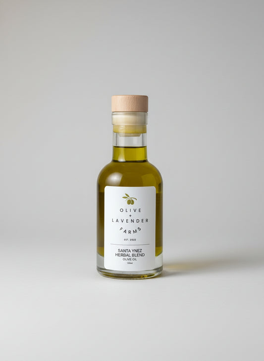 Bottle of Olive Lavender Farms Santa Ynez Herbal Blend Olive Oil on a neutral background