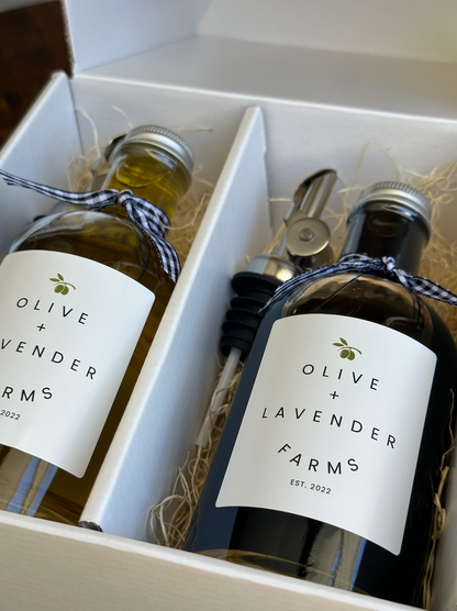 Two bottles of olive oil from Olive & Lavender Farms in a gift box.
