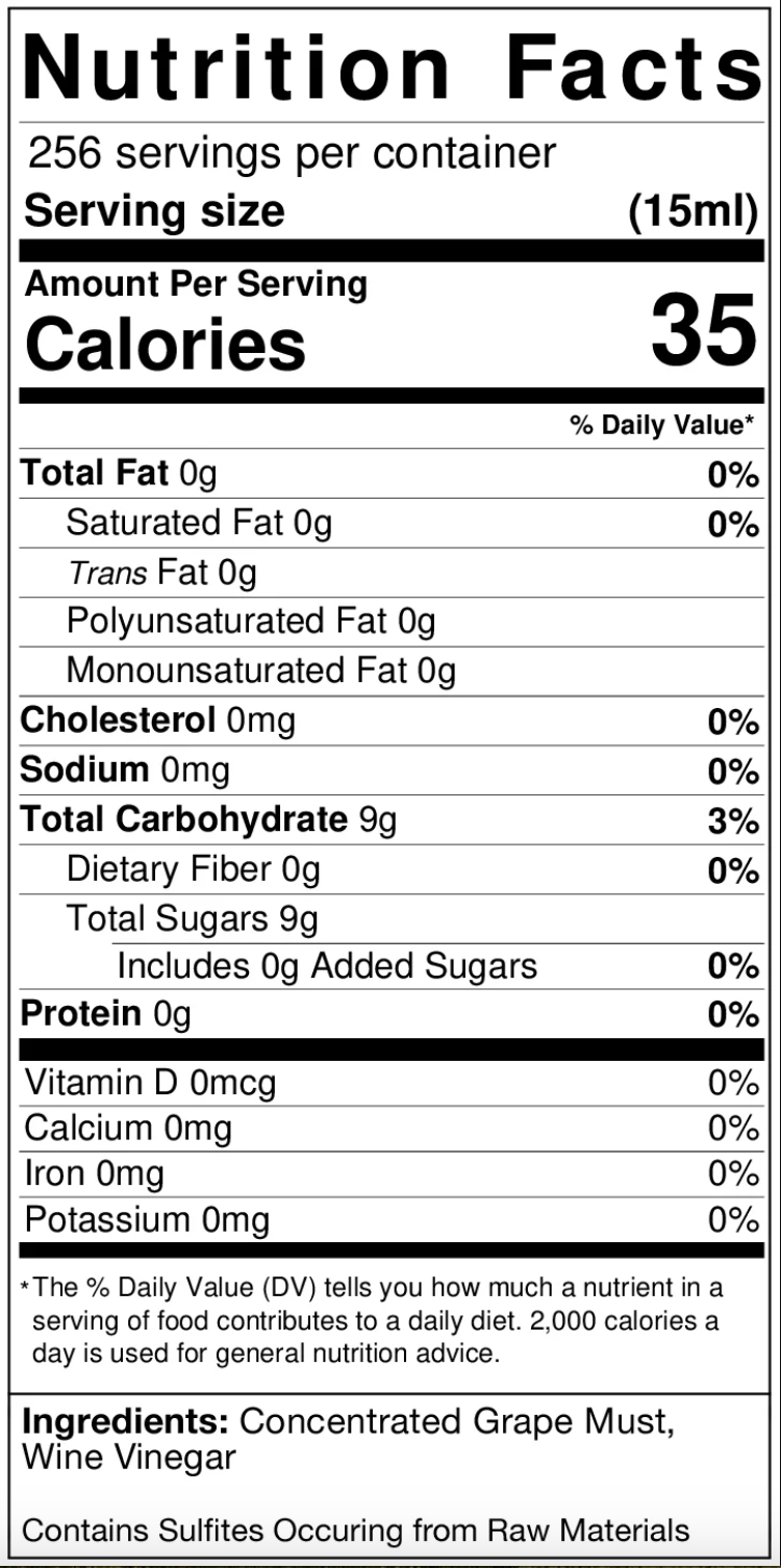 Nutrition Facts for Olive + Lavender Classic White Balsamic Vinegar
