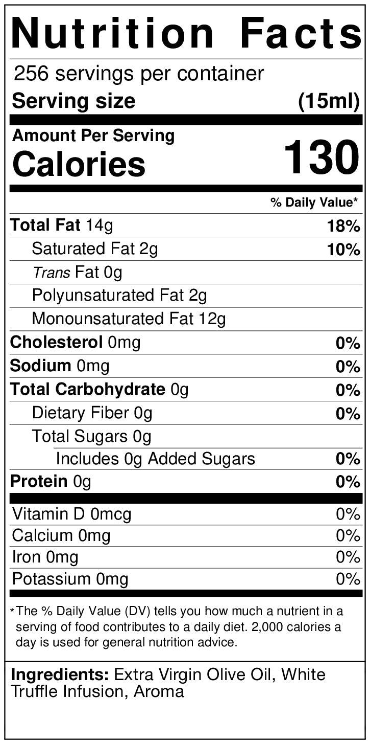 Nutrition facts label for a product with serving size, calories, and detailed nutritional information.